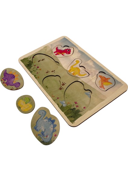 Dino Dünyası, Ahşap Çocuk Puzzle, Yapboz, Renkli Dinozor Yapboz, Ahşap Puzzle, 6 Parça