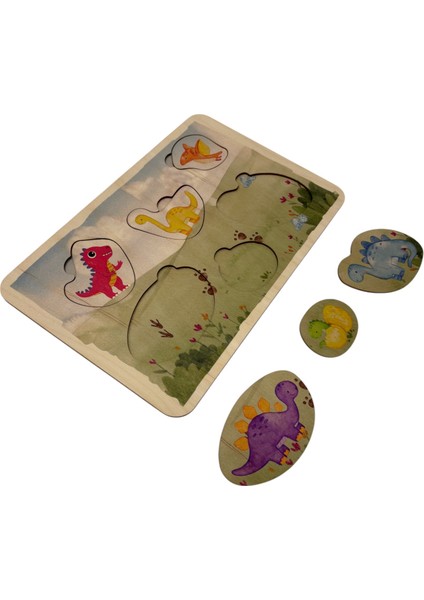 Dino Dünyası, Ahşap Çocuk Puzzle, Yapboz, Renkli Dinozor Yapboz, Ahşap Puzzle, 6 Parça