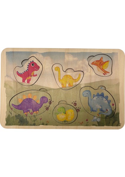 Dino Dünyası, Ahşap Çocuk Puzzle, Yapboz, Renkli Dinozor Yapboz, Ahşap Puzzle, 6 Parça