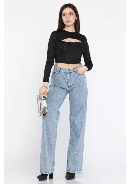 Kurdele Nakışlı Yüksek Bel Bol Paça Kadın Jean Kot Pantolon