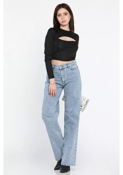 Kurdele Nakışlı Yüksek Bel Bol Paça Kadın Jean Kot Pantolon fiyatları