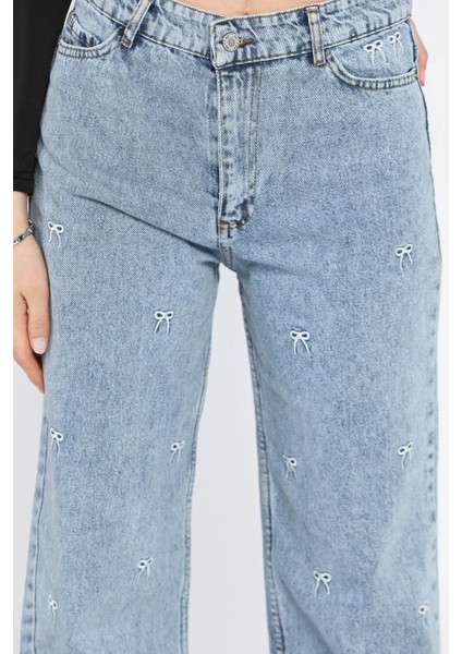 Kurdele Nakışlı Yüksek Bel Bol Paça Kadın Jean Kot Pantolon fırsatları
