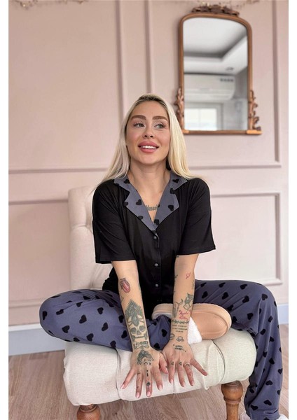 Siyah Soft Charm Desenli Bambu Önden Düğmeli Kısa Kol Pijama Takımı modelleri