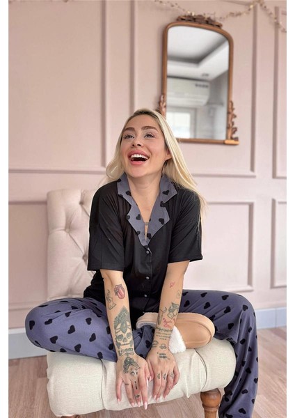 Siyah Soft Charm Desenli Bambu Önden Düğmeli Kısa Kol Pijama Takımı fırsatları