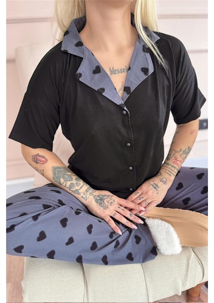 Siyah Soft Charm Desenli Bambu Önden Düğmeli Kısa Kol Pijama Takımı indirimleri