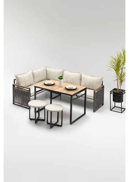 Motto (Masa ve Puflu) Köşe Takımı Bej-Antrasit (Balkon-Bahçe-Mutfak)