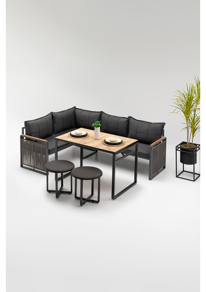 Motto (Masa ve Puflu) Köşe Takımı Siyah-Antrasit (Balkon-Bahçe-Mutfak)