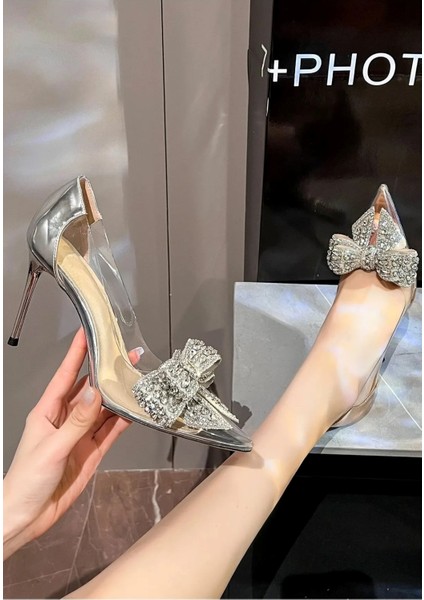 Lady Princess Gümüş Şeffaf Nude Fiyonk Toka Taşlı 8 cm Ince Topuklu Düğün Nişan Abiye Ayakkabı