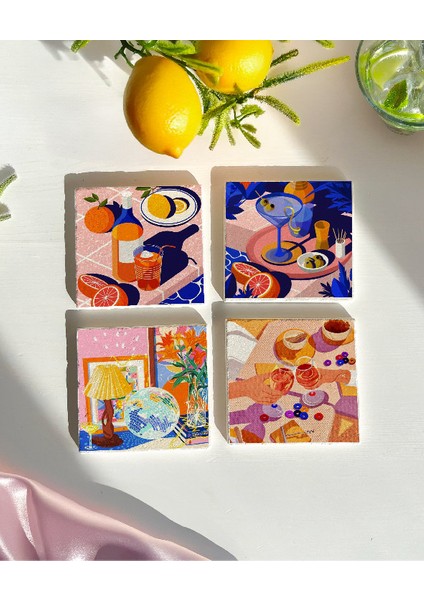Retro Desenli Doğal Taş Bardak Altlığı Seti, Renkli ve Dekoratif, 4’lü