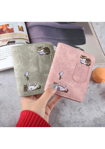 Moda Kadın Kız Cüzdan Nakış Kedi Kısa Fermuar Bozuk Para Cüzdanı Kısa El Çantaları Kawaii Mini Kart Tutucu Debriyaj Carteras Mujer (Yurt Dışından)