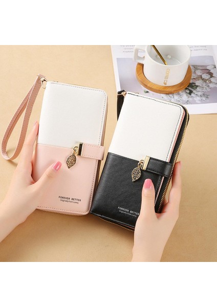 Moda Pu Deri Kadın Uzun Fermuar Cüzdan Büyük Kapasiteli Kadın Para Para Çantalar Çanta Kımlık Kartı Tutucu Yaprak Kolye Çile Debriyaj (Yurt Dışından)