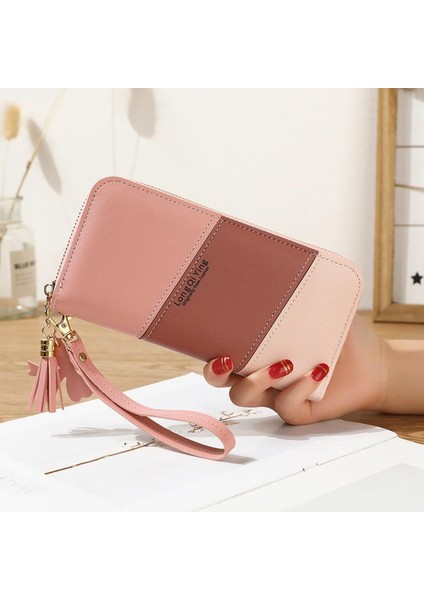 Uzun Patchwork Kadın Cüzdan Mektup Üç Renkli Hit Renk Kadın Püskül Bileklik Fermuar Bozuk Para Çantaları Kart Tutucu Debriyaj Telefon Çantası (Yurt Dışından)