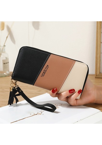 Uzun Patchwork Kadın Cüzdan Mektup Üç Renkli Hit Renk Kadın Püskül Bileklik Fermuar Bozuk Para Çantaları Kart Tutucu Debriyaj Telefon Çantası (Yurt Dışından) modelleri