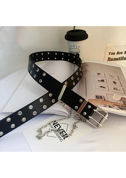 Moda Kadın Punk Zincir Kemer Bayanlar Ayarlanabilir Çift/tek Sıra Delik Deliği Kot Kemer Kuşgözü Zinciri ile Dekoratif Kemerler (Yurt Dışından) modelleri