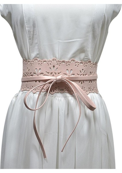 Kadınlar Içi Boş Pu Kemer Çiçek Desen Geniş Yay Kemer Yumuşak Suni Deri Geniş Kemer Kendinden Kravat Wrap Bel Elastik Korse Rahat Kemer (Yurt Dışından)