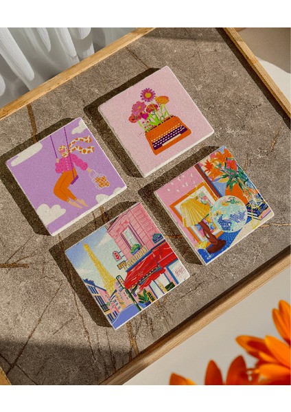 Renkli Retro Desenli Doğal Taş Bardak Altlığı Seti, 4’lü