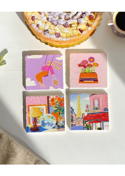 Renkli Retro Desenli Doğal Taş Bardak Altlığı Seti, 4’lü fiyatları