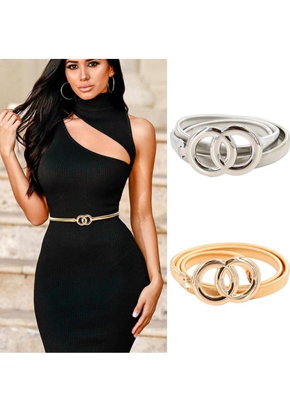 Yeni Çift Halkalı Kemer Altın Gümüş Streç Elastik Bel Kemerleri Kadınlar Için Metal Plaka Kadın Bayan Elbise Kemer Ceinture Femme (Yurt Dışından)