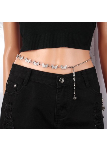 Trendy Parlak Kelebek Rhinestones Kadın Ince Kemer Altın Gümüş Metal Ayarlanabilir Bel Kemeri Punk Ince Vücut Zincirler Elbise Dekor (Yurt Dışından)