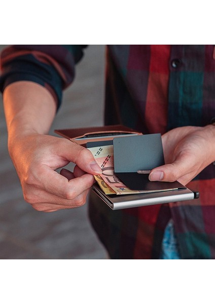 Yeni Rfid Engelleme Erkek Kredi Kartı Tutucu Vintage Deri Banka Kartı Cüzdan Kadınlar Için Çift Metal Otomatik Kart Sahibinin (Yurt Dışından) modelleri