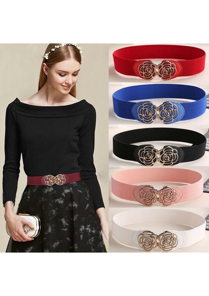Yeni Varış Kadın Moda Kemer Vintage Metal Çiçek Streç Elastik Bant Toka Bel Kemeri Siyah Beyaz Pembe Kırmızı Mavi (Yurt Dışından)
