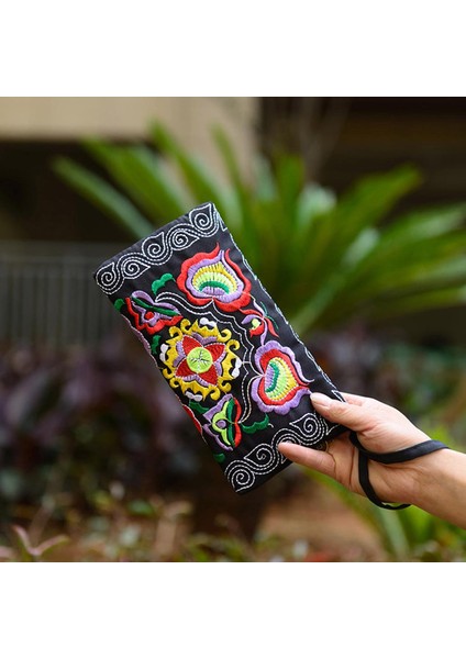 Yeni Kadın Vintage Etnik Çiçek Işlemeli Para Debriyaj Uzun Cüzdan Bozuk Para Cüzdanı Kart Tutucu Çanta (Yurt Dışından)