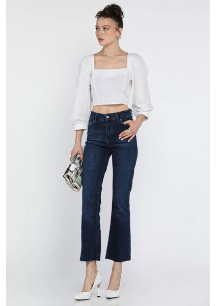 Kesik Paça Yüksek Bel Kadın Jean Kot Pantolon