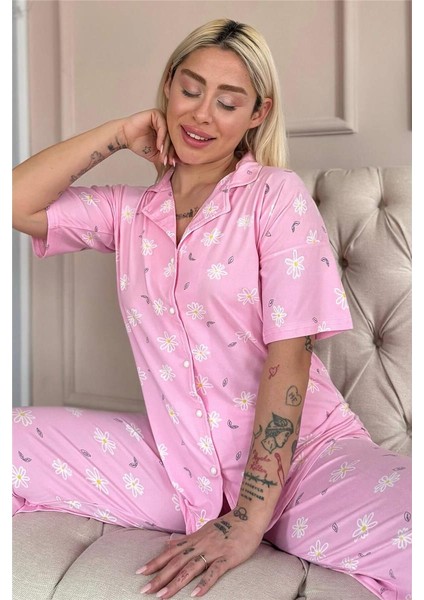 Açık Pembe Soft Daisy Desenli Bambu Önden Düğmeli Kısa Kol Pijama Takımı