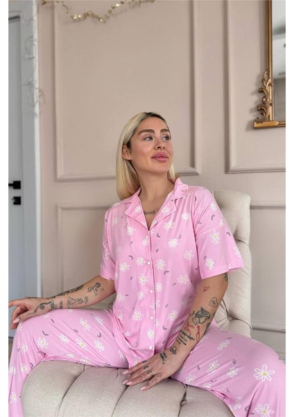 Açık Pembe Soft Daisy Desenli Bambu Önden Düğmeli Kısa Kol Pijama Takımı