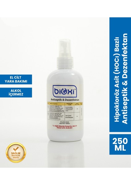 Antiseptik & Dezenfektan HOCl Bazlı (Hipokloröz Asit) El, Cilt Bakımı 250 ml