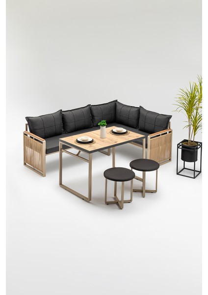 Monisa (Masa ve Puflu) Köşe Takımı Siyah-Kahve (Balkon-Bahçe-Mutfak)