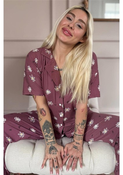 Pudra Soft Daisy Desenli Bambu Önden Düğmeli Kısa Kol Pijama Takımı