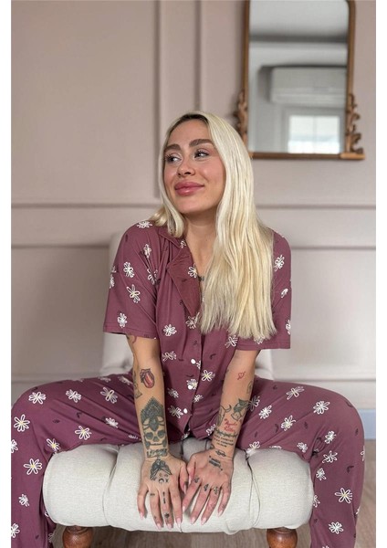 Pudra Soft Daisy Desenli Bambu Önden Düğmeli Kısa Kol Pijama Takımı