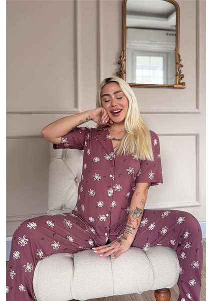 Pudra Soft Daisy Desenli Bambu Önden Düğmeli Kısa Kol Pijama Takımı