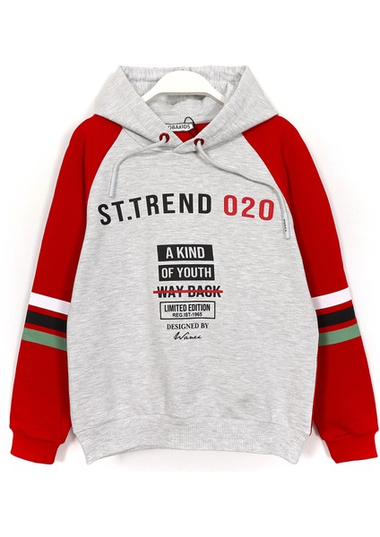 Baskılı Reglan Kol Erkek Çocuk Kapüşonlu Sweatshirt Hoodie Gri Kırmızı 001-0002017