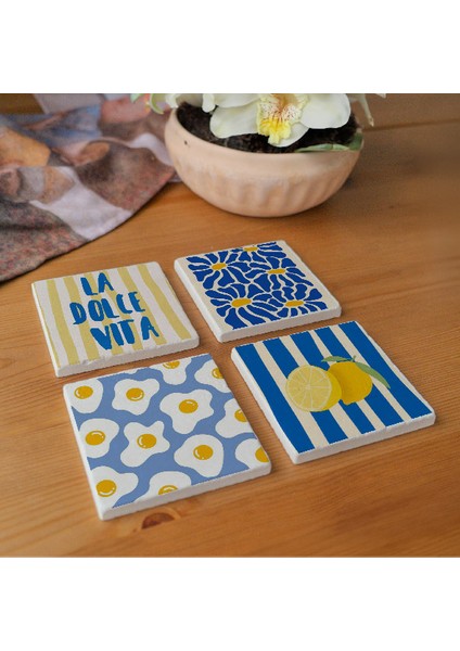 Akdeniz Tarzı Doğal Taş Bardak Altlığı Seti, Mutfak Dekoru, 4’lü