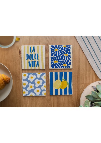 Akdeniz Tarzı Doğal Taş Bardak Altlığı Seti, Mutfak Dekoru, 4’lü fiyatları