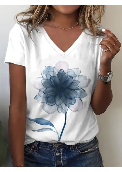 Kadın V Yaka Baskılı Beyaz Oversize T-Shirt Salaş