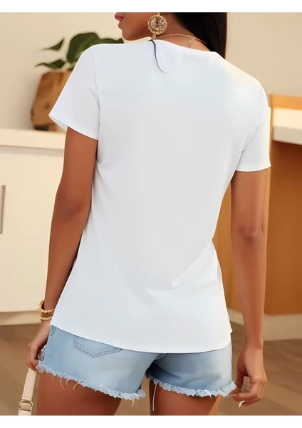 Kadın V Yaka Baskılı Beyaz Oversize T-Shirt Salaş fiyatları