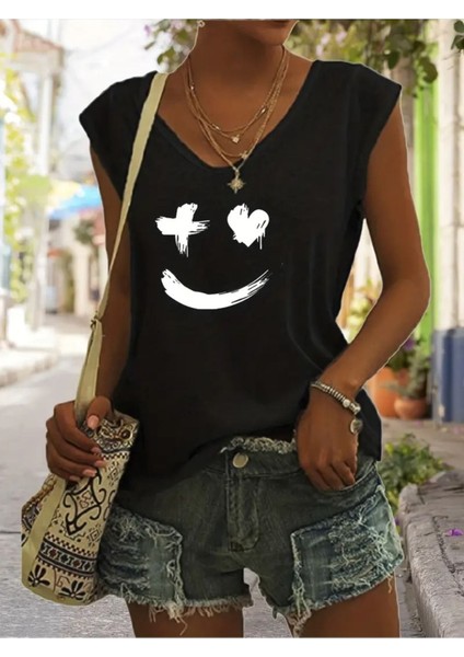 Kadın Baskılı Kadın Oversize V Yaka T-Shirt Salaş