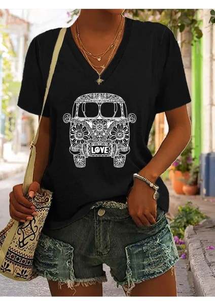 Kadın Baskılı Kadın Oversize V Yaka T-Shirt Salaş