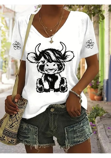 Kadın Baskılı Kadın Oversize V Yaka T-Shirt Salaş