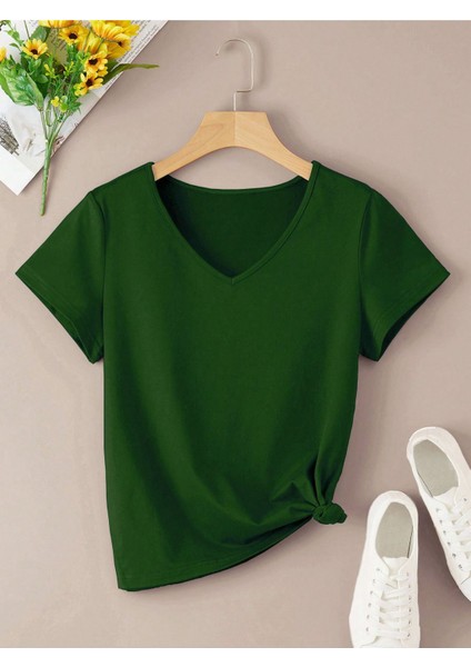 Kadın V Yaka Baskılı & Düz Beyaz Oversize T-Shirt Salaş Boyfirend