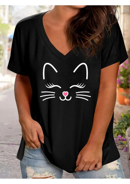 Kadın Baskılı Kadın Oversize V Yaka T-Shirt Salaş