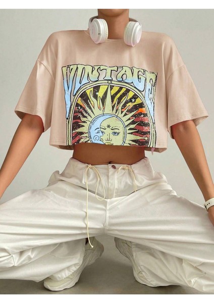 Kelebek Baskılı Kadın Oversize Gri Salas T-Shirt Boyfriend