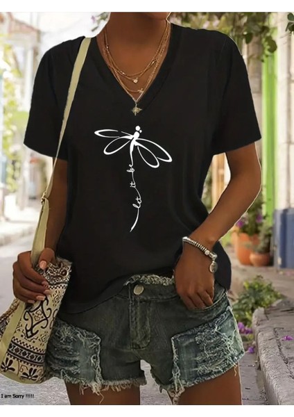 Kadın Baskılı Kadın Oversize V Yaka T-Shirt Salaş