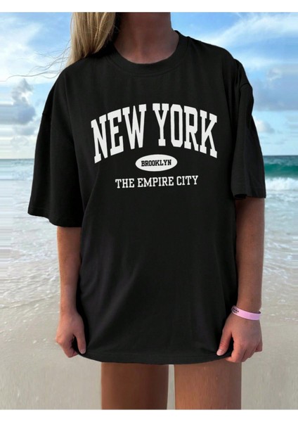 Kadın Antrasit Optimism Baskılı Oversize Bisiklet Yaka Salaş