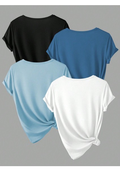 Unisex 4'lü Paket Siyah-Beyaz-Gri-Bebe Mavisi Düz Oversize Bisiklet Yaka Salaş Tshirt