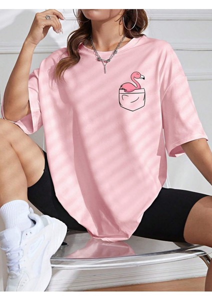 Cepte Flamingo Baskılı Kadın Oversize Salas T-Shirt Boyfriend