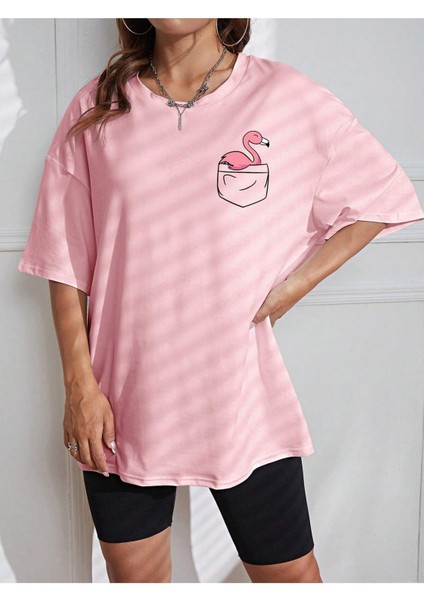 Cepte Flamingo Baskılı Kadın Oversize Salas T-Shirt Boyfriend indirimleri
